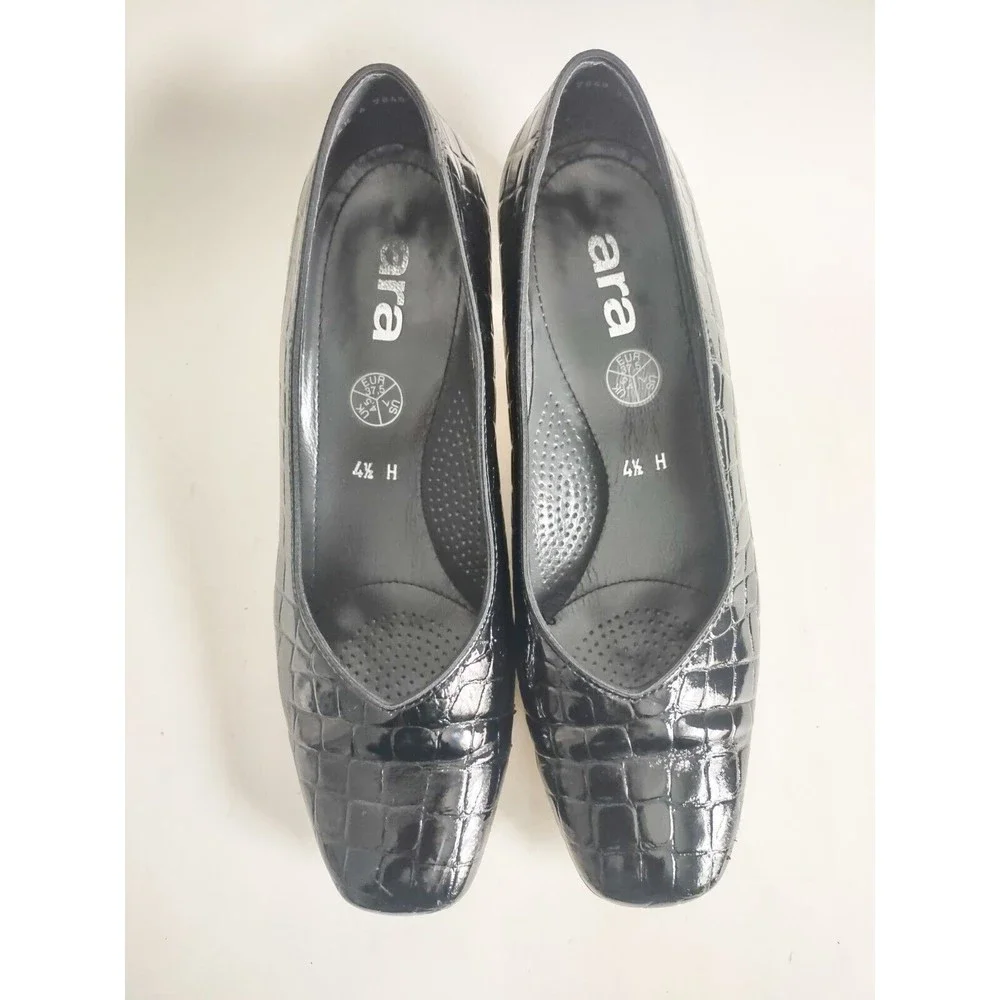ARA Women Block Heel Black Croc Patent Leather 7 / 37.5 Square Toe Comfort Work